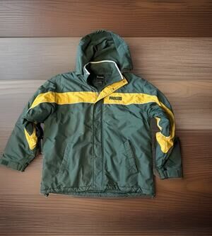 Vtg 90s Packers Spotlight Sz L Puffer Jacket Retro NFL Streetwear Hooded FLAWS